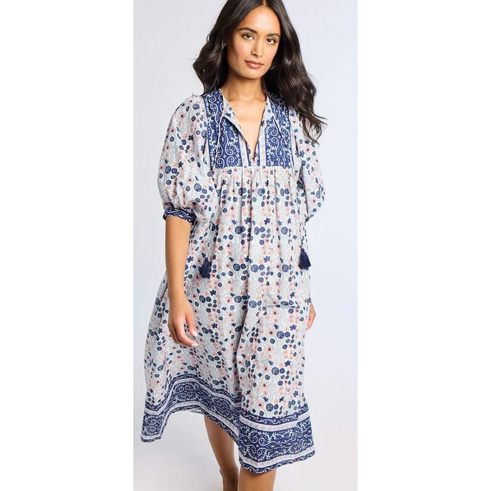 Mille | Saffron Dress Navy Floral Boho Midi Tassel Resort | Sz M